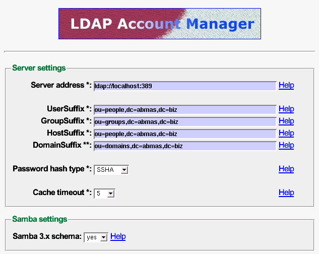The LDAP Account Manager Configuration Screen
