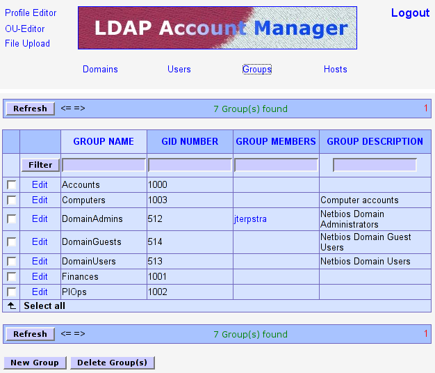 The LDAP Account Manager Group Edit Screen