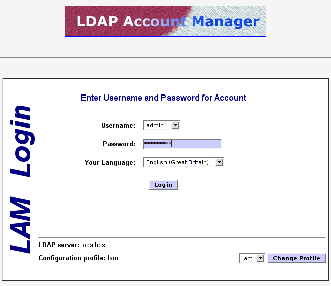 The LDAP Account Manager Login Screen