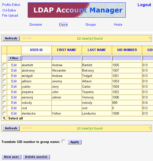 The LDAP Account Manager User Edit Screen