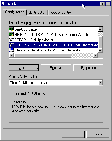 The Windows Me Network Configuration Panel.